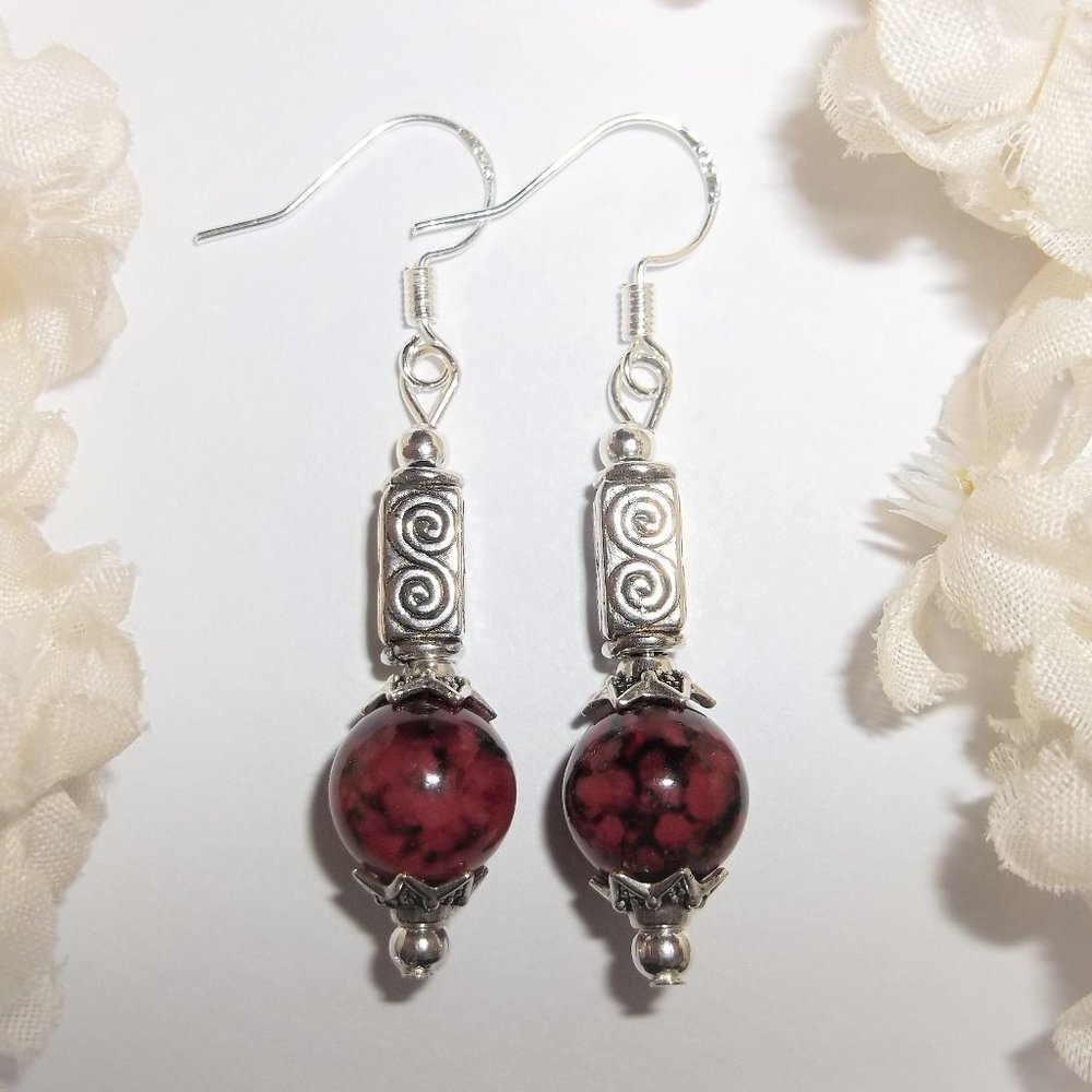 Dangle Earrings Set Dark Red and Silver Beaded Fashion Jewelry Gift for Her 7093
